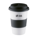 Taza de viaje de cerámica con tapa y cinta de silicona 400ml color negro vista de impresión