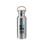 Botella de acero inoxidable personalizadas con tapa de bambú con asa 500ml Clip vista de impresión