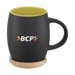 Taza de cerámica con base o tapa de madera 400ml Coaster color verde lima vista impresión tampografía