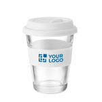 Taza para llevar de cristal con tapa y cinta 350ml color blanco vista de impresión