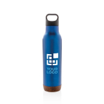 Botellas reutilizables de acero con base de corcho 600ml Cork Base color azul vista de impresión