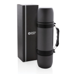 Termos corporativos de acero inoxidable con dos tazas 700ml Portable color gris oscuro vista con caja
