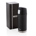 Termos impresos pequeños de acero inoxidable 300ml Swiss Peak Mini color negro vista con caja