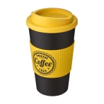 Vaso de plástico con aislamiento 350ml Takeaway agarre Americano color amarillo vista impresión serigrafía