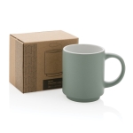 Taza de cerámica apilable de diseño en color 180ml color verde menta vista con caja