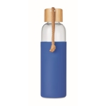 Botella de cristal con tapón de bambú y asa 500ml Crystal Pouch color azul real vista de impresión