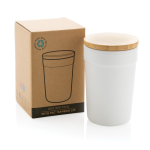 Vaso termo de plástico reciclado con tapa de bambú 300ml EcoBrew color blanco vista con caja