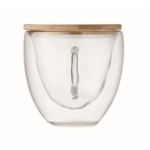 Taza de vidrio de doble pared forma de corazón y tapa de bambú 180ml color transparente septima vista