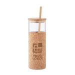 Vaso de vidrio con funda de corcho y tapa y pajita de bambú 450ml color beige vista de impresión
