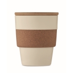 Vaso de plástico reciclado con cinta de corcho y tapa de bambú 300ml color beige cuarta vista