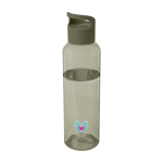 Botella transparente de plástico reciclado con asa en la tapa 650ml vista impresión tampografía