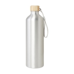 Botella grande de aluminio reciclado con tapa de bambú y correa 1L color plateado segunda vista frontal