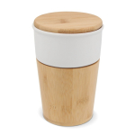 Vaso de cerámica con detalles de bambú y tapa a presión color blanco