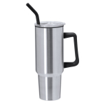 Vaso térmico de acero inoxidable con asa y pajita negra 1.2L color plateado primera vista