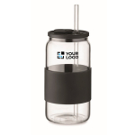Vaso de borosilicato con pajita a juego y banda de silicona 550ml color negro vista de impresión