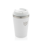Taza térmica de doble pared ecológica con tapa antigoteo de 350ml color blanco vista con logo