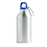 Botella de aluminio reciclado con tapón de color y mosquetón 400ml color azul real vista con logo impreso