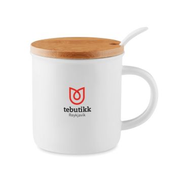 Taza con cuchara y tapa color blanco con logo