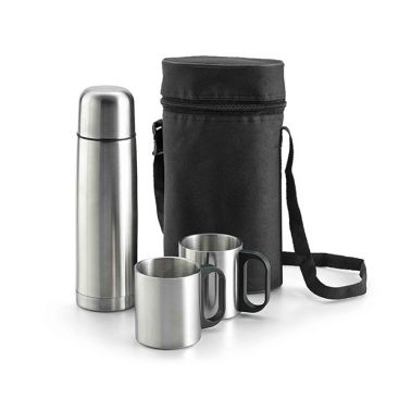 Conjunto de termo con tazas y funda color plateado