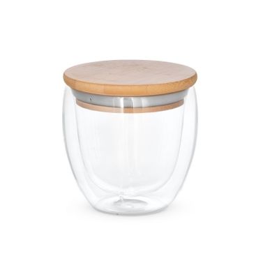 Vaso de vidrio y tapa de bambú