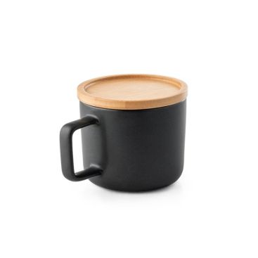 Taza de cerámica con tapa y base de bambú color negro
