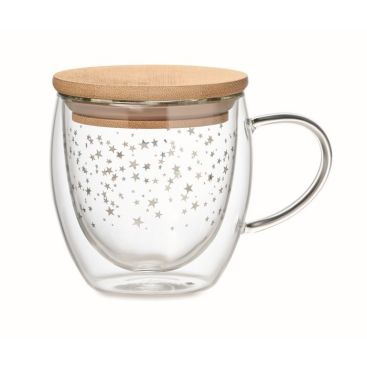 Taza de cristal con estrellas y tapa de bambú
