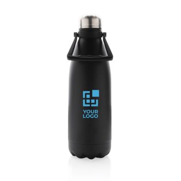 Botellas térmicas grandes con asa de transporte color negro vista de impresión