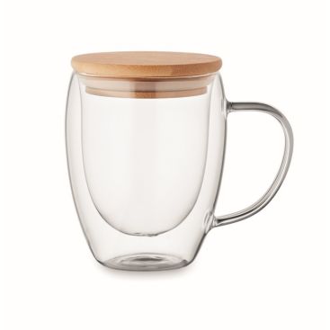 Tazas de vidrio borosilicato con tapa de bambú y doble pared 300ml