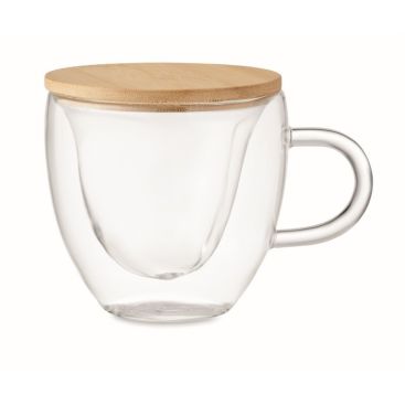 Taza de vidrio pequeña en forma de corazón y tapa de bambú 180ml