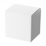 Taza de cerámica para publicidad color blanco vista con caja