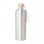 Botella grande de aluminio reciclado con tapa de bambú y correa 1L color plateado segunda vista frontal
