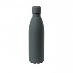 Botella grande de acero con acabado de goma color gris vista con logo