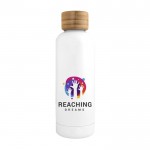Botella térmica con tapón de bambú color blanco imagen con logo