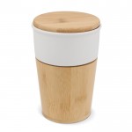 Vaso de cerámica con detalles de bambú y tapa a presión color blanco