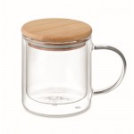 Taza de vidrio de doble pared con asa de color y tapa de bambú 300ml color transparente