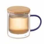 Taza de vidrio de doble pared con asa de color y tapa de bambú 300ml color azul transparente segunda vista