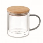 Taza de vidrio de doble pared con asa de color y tapa de bambú 300ml color gris transparente