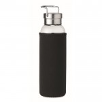 Botella de vidrio con asa plegable y funda color negro