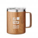 Taza de doble pared de acero reciclado con tapa y aspecto madera 300ml color marrón vista de impresión