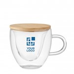 Taza de vidrio de doble pared forma de corazón y tapa de bambú 180ml color transparente vista de impresión