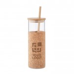 Vaso de vidrio con funda de corcho y tapa y pajita de bambú 450ml color beige vista de impresión
