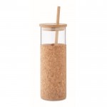 Vaso de vidrio con funda de corcho y tapa y pajita de bambú 450ml color beige
