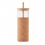 Vaso de vidrio con funda de corcho y tapa y pajita de bambú 450ml color beige cuarta vista