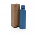 Botella promocional de acero reciclado color azul vista con caja