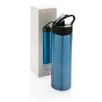 Botellas para deporte de acero con pajita color azul vista con caja