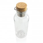 Botella de plástico reciclado tapón de bambú color transparente vista con logo