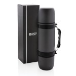Termos corporativos de acero inoxidable con dos tazas 700ml Portable color gris oscuro vista con caja