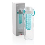 Botella para agua con infusor de frutas color turquesa vista con caja