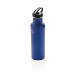 Botella personalizada de acero con boquilla color azul vista con logo