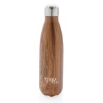 Botella de acero con estampado de madera color madera oscura vista con logo